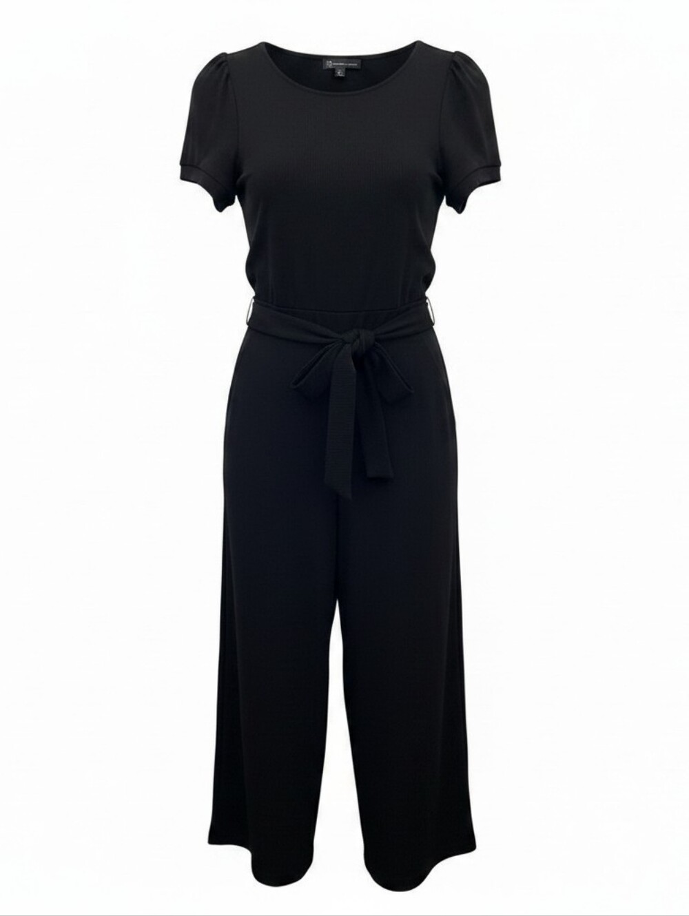 New York & Company Black Short-Sleeve Belted Jumpsuit - M